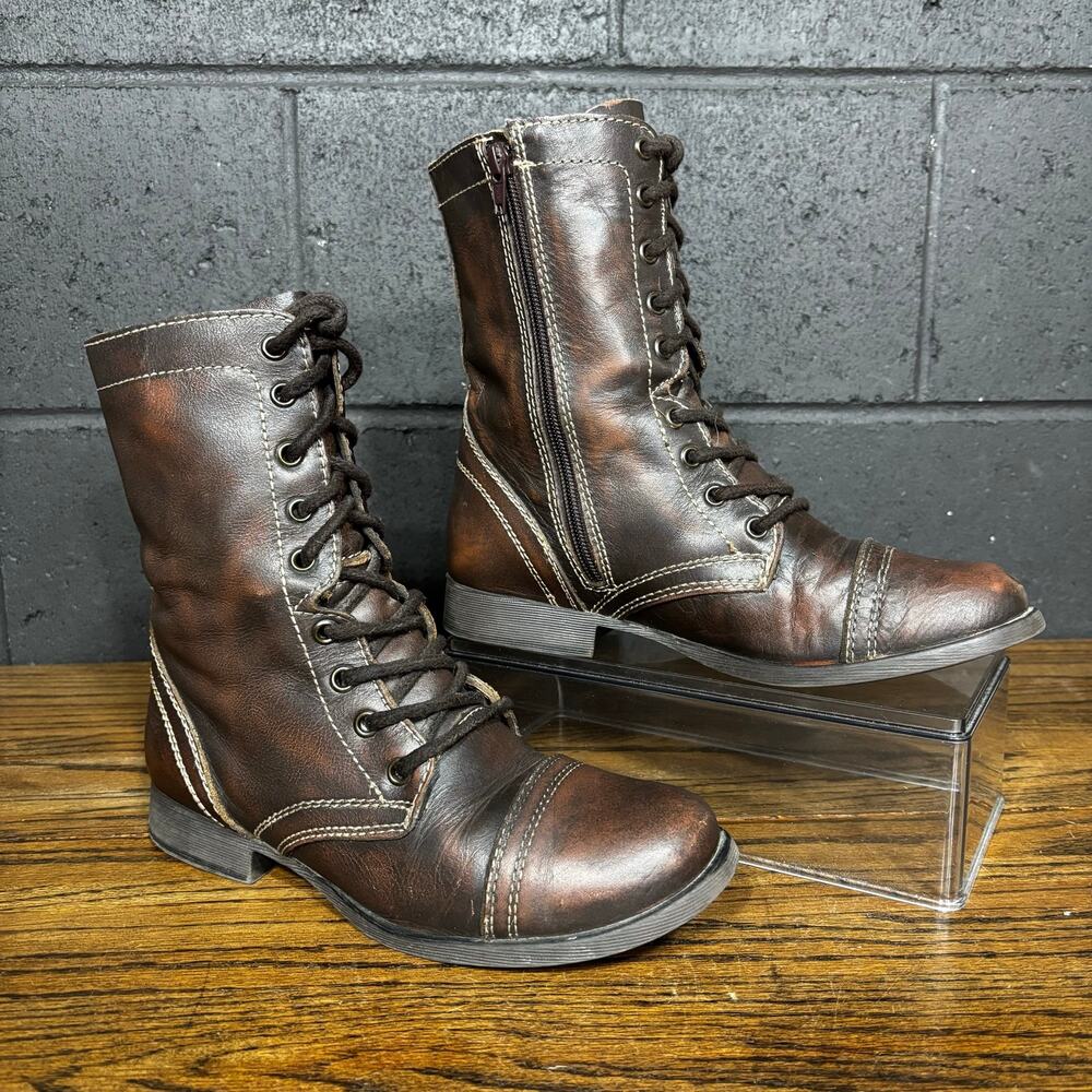 Steve Madden Troopa Combat Boots Women’s Size 8 Brown Leather Lace Up Side Zip